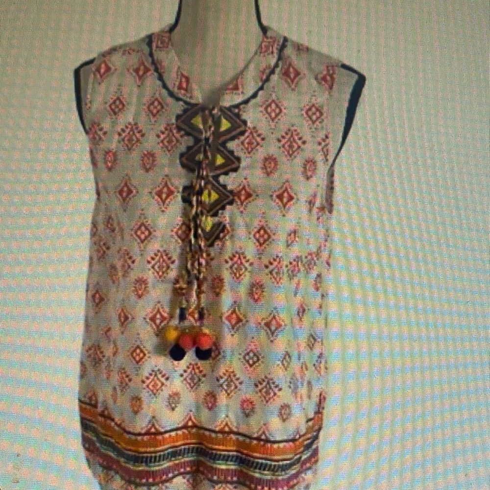 Sleeveless Embroidered Geo-Print Women’s Top in Cream and Orange